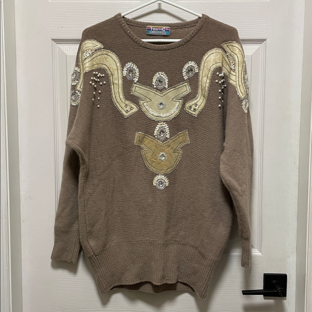 Traffic | Vintage | 80’s | Tan | Tunic Sweater wCream Leather & Bling | Size M